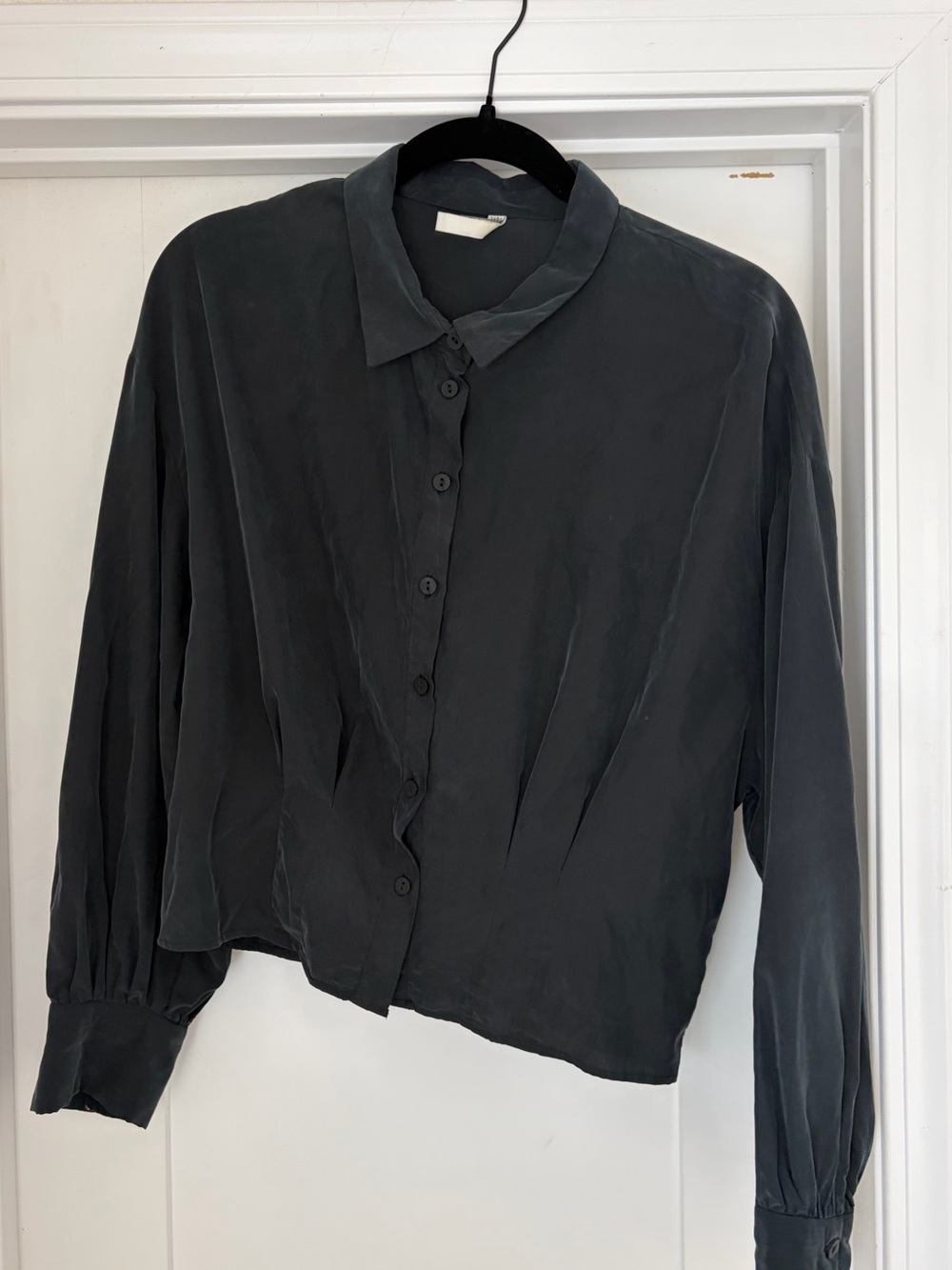 Zara TRF Cropped Satin Button Up Shirt Charcoal Gray Size M